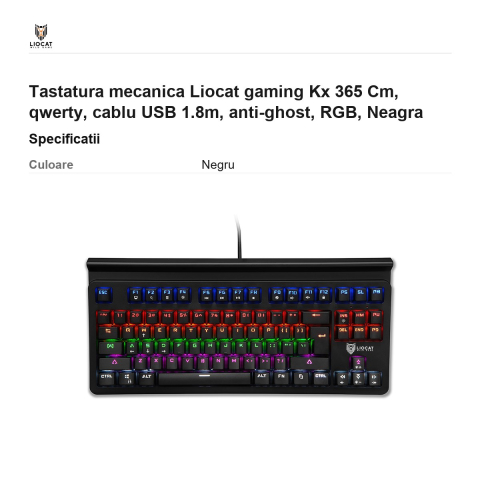 Tastatura mecanica Liocat gaming Kx 365 Cm, qwerty, cablu USB 1.8m, anti-ghost, RGB, Neagra [2]