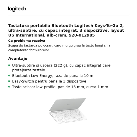 Tastatura portabila Bluetooth Logitech Keys-To-Go 2, ultra-subtire, cu capac integrat, 3 dispozitive, layout US International, alb-crem, 920-012985 [1]