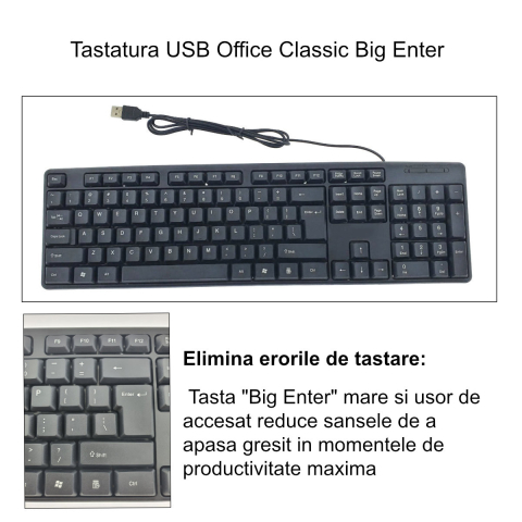 Tastatura USB Office Classic Big Enter, Cablu 120 cm, Neagra, dimensiuni 440 x 128 x 20 mm [2]