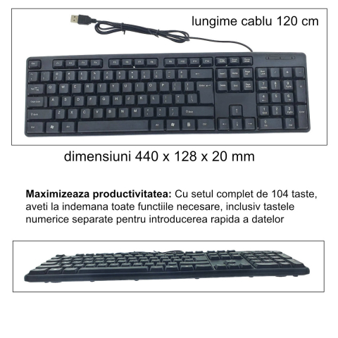 Tastatura USB Office Classic Big Enter, Cablu 120 cm, Neagra, dimensiuni 440 x 128 x 20 mm [3]
