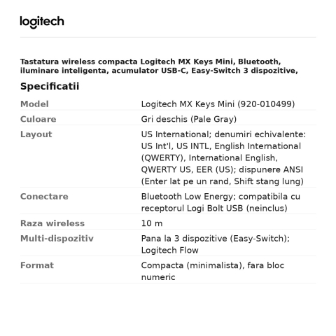 Tastatura wireless compacta Logitech MX Keys Mini, Bluetooth, iluminare inteligenta, acumulator USB-C, Easy-Switch 3 dispozitive, layout US International, gri deschis, 920-010499 [2]