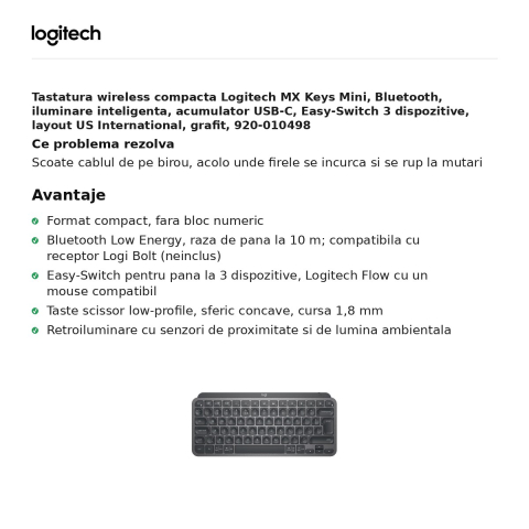 Tastatura wireless compacta Logitech MX Keys Mini, Bluetooth, iluminare inteligenta, acumulator USB-C, Easy-Switch 3 dispozitive, layout US International, grafit, 920-010498 [1]