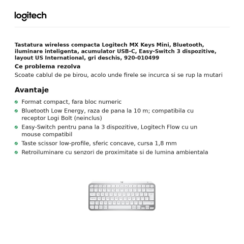 Tastatura wireless compacta Logitech MX Keys Mini, Bluetooth, iluminare inteligenta, acumulator USB-C, Easy-Switch 3 dispozitive, layout US International, gri deschis, 920-010499 [1]