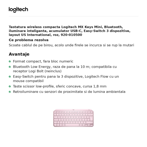 Tastatura wireless compacta Logitech MX Keys Mini, Bluetooth, iluminare inteligenta, acumulator USB-C, Easy-Switch 3 dispozitive, layout US International, roz, 920-010500 [1]