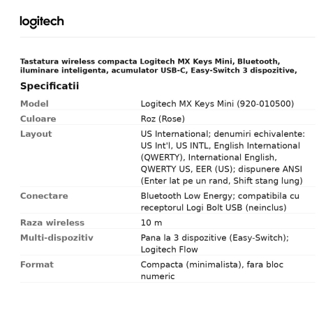 Tastatura wireless compacta Logitech MX Keys Mini, Bluetooth, iluminare inteligenta, acumulator USB-C, Easy-Switch 3 dispozitive, layout US International, roz, 920-010500 [2]