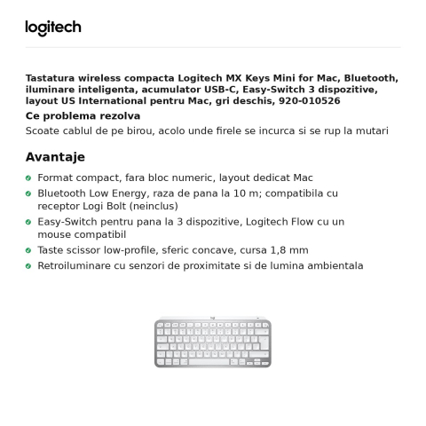 Tastatura wireless compacta Logitech MX Keys Mini for Mac, Bluetooth, iluminare inteligenta, acumulator USB-C, Easy-Switch 3 dispozitive, layout US International pentru Mac, gri deschis, 920-010526 [1]