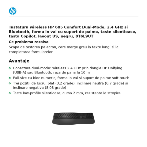 Tastatura wireless HP 685 Comfort Dual-Mode, 2.4 GHz si Bluetooth, forma in val cu suport de palme, taste silentioase, tasta Copilot, layout US, negru, 8T6L9UT [1]