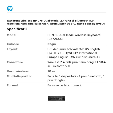 Tastatura wireless HP 975 Dual-Mode, 2.4 GHz si Bluetooth 5.0, retroiluminare alba cu senzori, acumulator USB-C, taste scissor, layout US, negru, 3Z726AA [2]