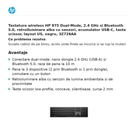 Tastatura wireless HP 975 Dual-Mode, 2.4 GHz si Bluetooth 5.0, retroiluminare alba cu senzori, acumulator USB-C, taste scissor, layout US, negru, 3Z726AA [1]