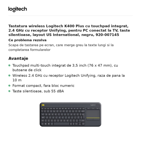 Tastatura wireless Logitech K400 Plus cu touchpad integrat, 2.4 GHz cu receptor Unifying, pentru PC conectat la TV, taste silentioase, layout US International, negru, 920-007145 [1]