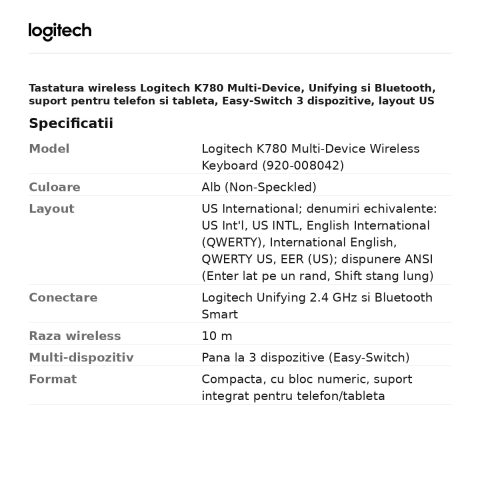 Tastatura wireless Logitech K780 Multi-Device, Unifying si Bluetooth, suport pentru telefon si tableta, Easy-Switch 3 dispozitive, layout US International, alb, 920-008042 [2]