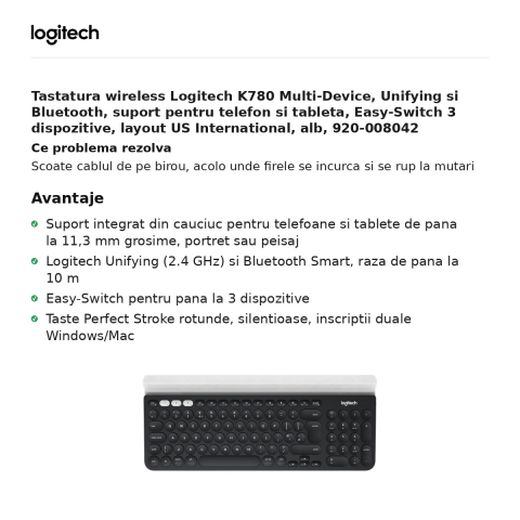 Tastatura wireless Logitech K780 Multi-Device, Unifying si Bluetooth, suport pentru telefon si tableta, Easy-Switch 3 dispozitive, layout US International, alb, 920-008042 [1]