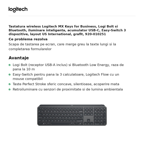 Tastatura wireless Logitech MX Keys for Business, Logi Bolt si Bluetooth, iluminare inteligenta, acumulator USB-C, Easy-Switch 3 dispozitive, layout US International, grafit, 920-010251 [1]