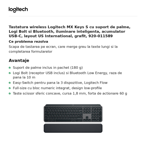 Tastatura wireless Logitech MX Keys S cu suport de palme, Logi Bolt si Bluetooth, iluminare inteligenta, acumulator USB-C, layout US International, grafit, 920-011589 [1]