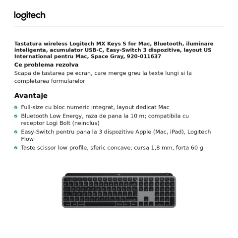 Tastatura wireless Logitech MX Keys S for Mac, Bluetooth, iluminare inteligenta, acumulator USB-C, Easy-Switch 3 dispozitive, layout US International pentru Mac, Space Gray, 920-011637 [1]