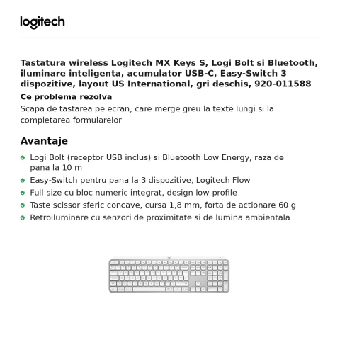 Tastatura wireless Logitech MX Keys S, Logi Bolt si Bluetooth, iluminare inteligenta, acumulator USB-C, Easy-Switch 3 dispozitive, layout US International, gri deschis, 920-011588 [1]