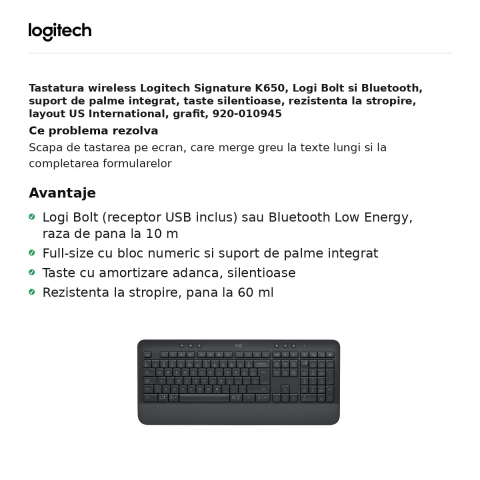 Tastatura wireless Logitech Signature K650, Logi Bolt si Bluetooth, suport de palme integrat, taste silentioase, rezistenta la stropire, layout US International, grafit, 920-010945 [1]