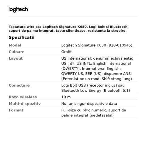 Tastatura wireless Logitech Signature K650, Logi Bolt si Bluetooth, suport de palme integrat, taste silentioase, rezistenta la stropire, layout US International, grafit, 920-010945 [2]