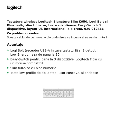 Tastatura wireless Logitech Signature Slim K950, Logi Bolt si Bluetooth, slim full-size, taste silentioase, Easy-Switch 3 dispozitive, layout US International, alb-crem, 920-012466 [1]