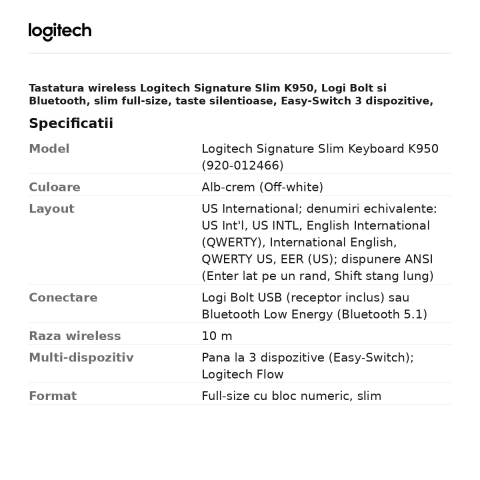 Tastatura wireless Logitech Signature Slim K950, Logi Bolt si Bluetooth, slim full-size, taste silentioase, Easy-Switch 3 dispozitive, layout US International, alb-crem, 920-012466 [2]