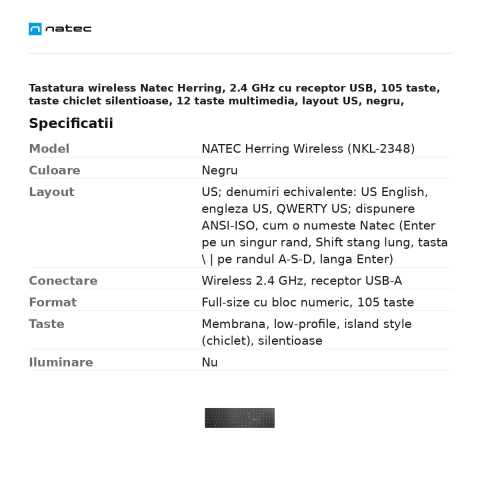 Tastatura wireless Natec Herring, 2.4 GHz cu receptor USB, 105 taste, taste chiclet silentioase, 12 taste multimedia, layout US, negru, NKL-2348 [2]