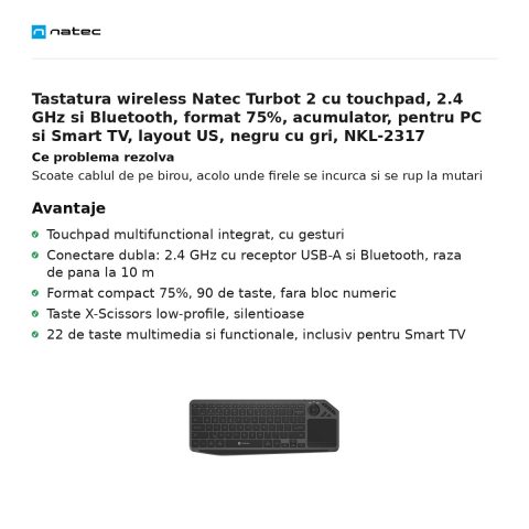 Tastatura wireless Natec Turbot 2 cu touchpad, 2.4 GHz si Bluetooth, format 75%, acumulator, pentru PC si Smart TV, layout US, negru cu gri, NKL-2317 [1]