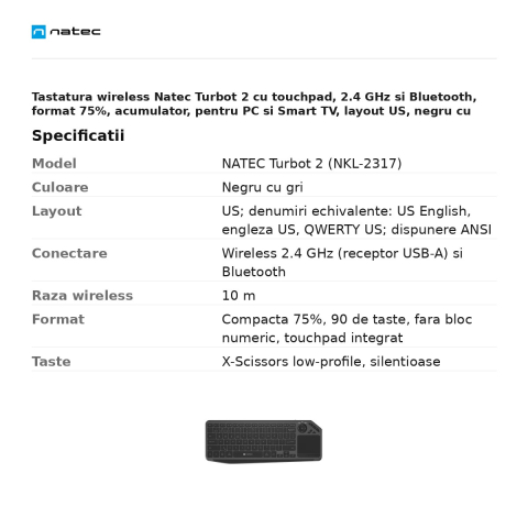 Tastatura wireless Natec Turbot 2 cu touchpad, 2.4 GHz si Bluetooth, format 75%, acumulator, pentru PC si Smart TV, layout US, negru cu gri, NKL-2317 [2]