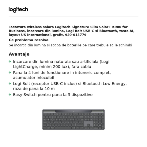Tastatura wireless solara Logitech Signature Slim Solar+ K980 for Business, incarcare din lumina, Logi Bolt USB-C si Bluetooth, tasta AI, layout US International, grafit, 920-013779 [1]