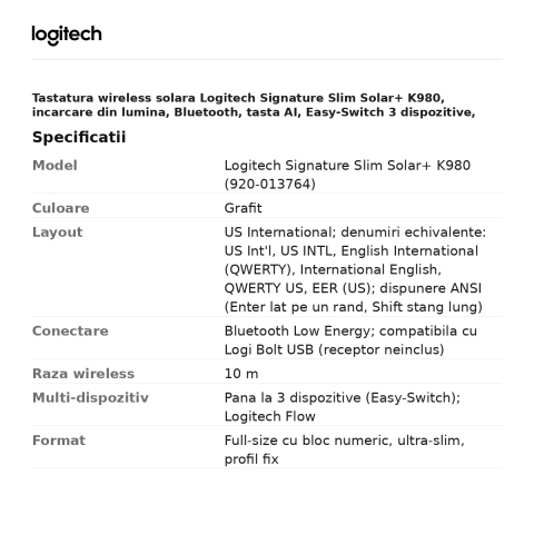 Tastatura wireless solara Logitech Signature Slim Solar+ K980, incarcare din lumina, Bluetooth, tasta AI, Easy-Switch 3 dispozitive, layout US International, grafit, 920-013764 [2]