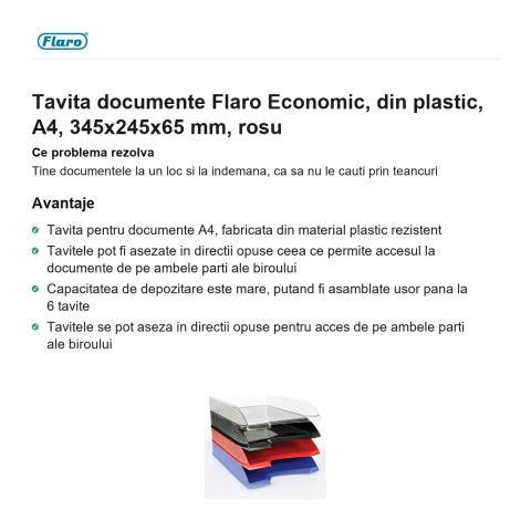 Tavita documente Flaro Economic, din plastic, A4, 345x245x65 mm, rosu [1]