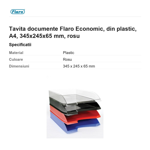 Tavita documente Flaro Economic, din plastic, A4, 345x245x65 mm, rosu [2]