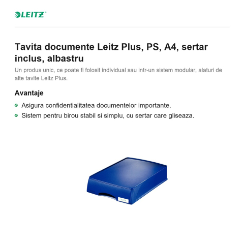 Tavita documente Leitz Plus, PS, A4, sertar inclus, albastru [1]