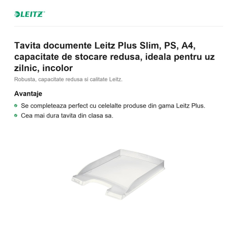 Tavita documente Leitz Plus Slim, PS, A4, capacitate de stocare redusa, ideala pentru uz zilnic, incolor [1]