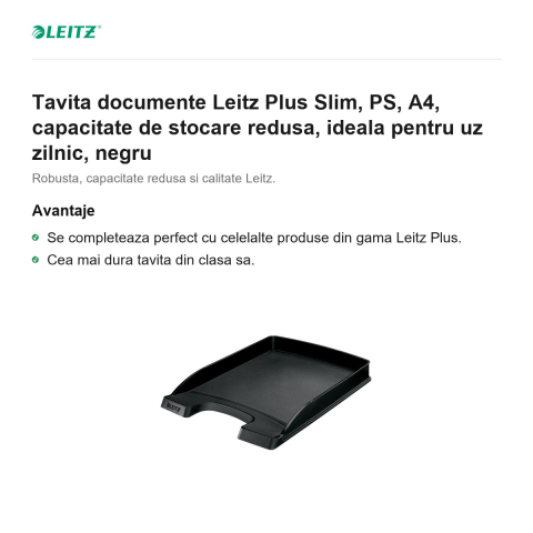 Tavita documente Leitz Plus Slim, PS, A4, capacitate de stocare redusa, ideala pentru uz zilnic, negru [1]