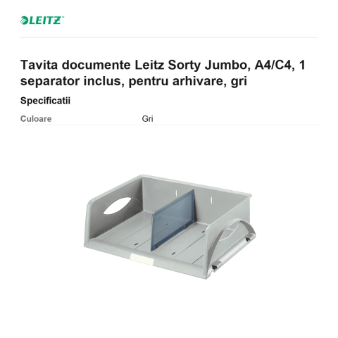 Tavita documente Leitz Sorty Jumbo, A4/C4, 1 separator inclus, pentru arhivare, gri [2]