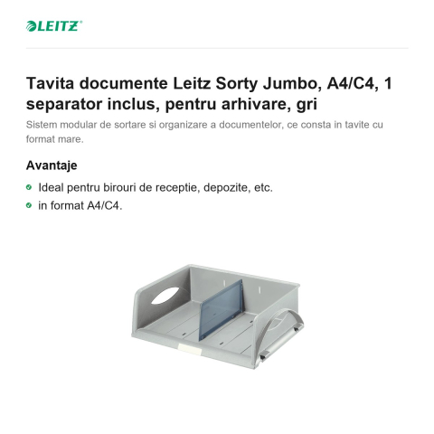Tavita documente Leitz Sorty Jumbo, A4/C4, 1 separator inclus, pentru arhivare, gri [1]