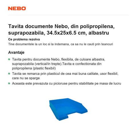 Tavita documente Nebo, din polipropilena, suprapozabila, 34.5x25x6.5 cm, albastru [1]