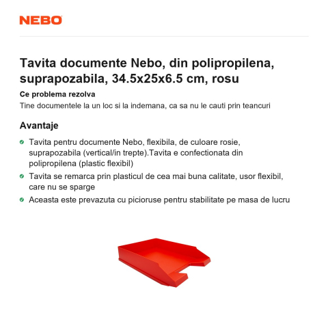 Tavita documente Nebo, din polipropilena, suprapozabila, 34.5x25x6.5 cm, rosu [1]