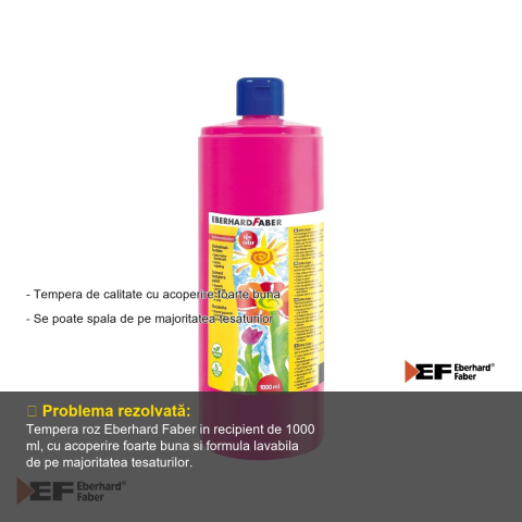 Tempera Eberhard Faber, culoare roz, recipient 1000 ml, acoperire foarte buna, pentru scoli si gradinite [1]