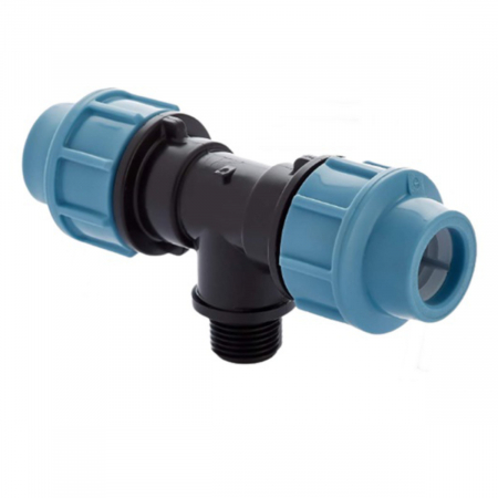 Articole si instalatii sanitare - Teu compresiune hidraulic PEHD 25mm x 1/2", Filet Exterior, presiune 16 bar, pentru conducte apa, irigatii si antiincendiu, albastru-negru
