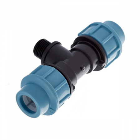 Teu compresiune hidraulic PEHD 25mm x 1/2", Filet Exterior, presiune 16 bar, pentru conducte apa, irigatii si antiincendiu, albastru-negru [1]