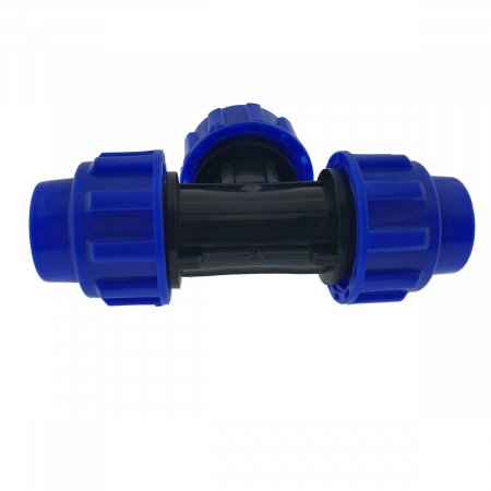 Teu hidraulic compresiune PEHD 32mm, 3 x piulita, PN16, pentru conducte MDPE/PE de apa, irigatii si antiincendiu, albastru-negru [5]
