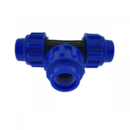 Teu hidraulic compresiune PEHD 32mm, 3 x piulita, PN16, pentru conducte MDPE/PE de apa, irigatii si antiincendiu, albastru-negru [3]