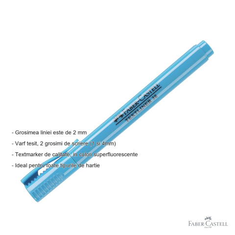 Textmarker albastru Faber-Castell 38, varf tesit, 2 grosimi de scriere, ideal pentru evidentiat texte [1]