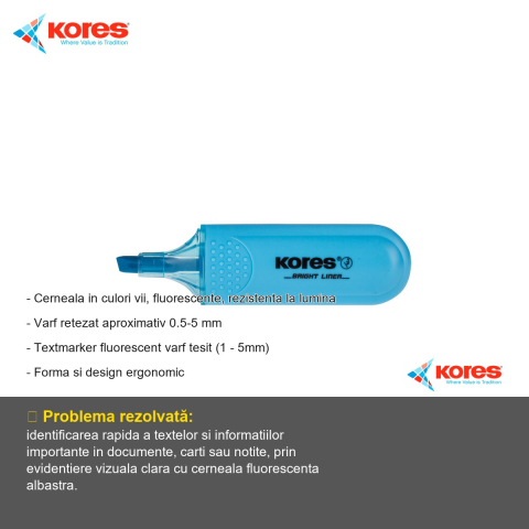 Textmarker albastru Kores, varf tesit 1-5mm, cerneala fluorescenta pe baza de apa, pentru evidentiat texte [1]