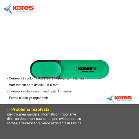 Textmarker fluorescent verde Kores, varf tesit 1-5mm, cerneala pe baza de apa, pentru evidentiere texte [1]
