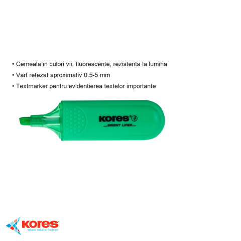 Textmarker fluorescent verde Kores, varf tesit 1-5mm, cerneala pe baza de apa, pentru evidentiere texte [2]