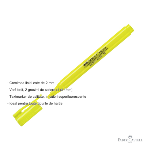 Textmarker galben Faber-Castell 38, varf tesit, 2 grosimi de scriere, superfluorescent, pentru birou si studiu [1]