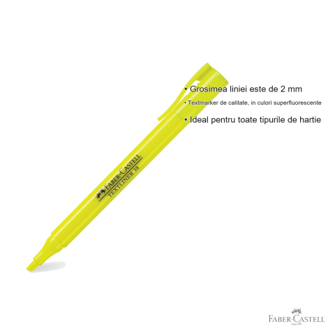 Textmarker galben Faber-Castell 38, varf tesit, 2 grosimi de scriere, superfluorescent, pentru birou si studiu [2]