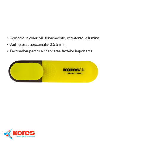 Textmarker Kores galben fluorescent, varf tesit 1-5 mm, cerneala pe baza de apa, pentru evidentierea textelor [2]